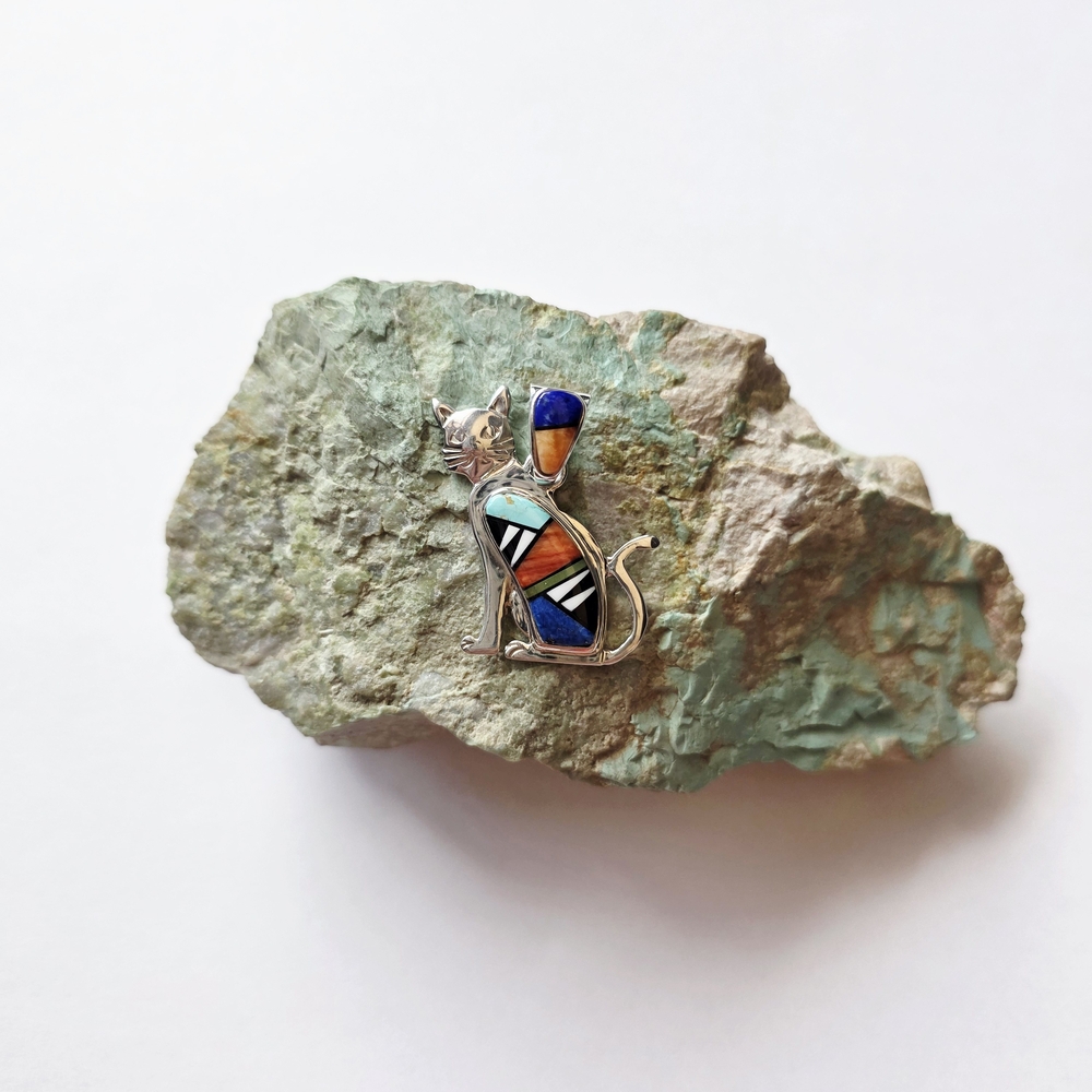 Silver Cat Pendant with Multicolor Inlay